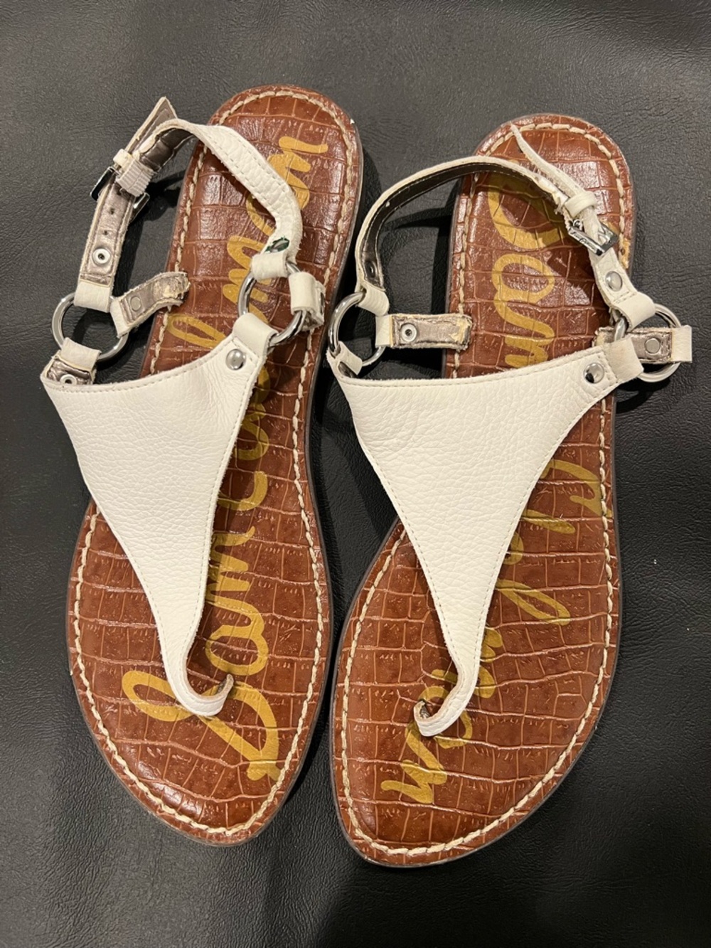 Sam Edelman White Leather T-Strap Sandals with Brown Footbed - Picture 3 of 3